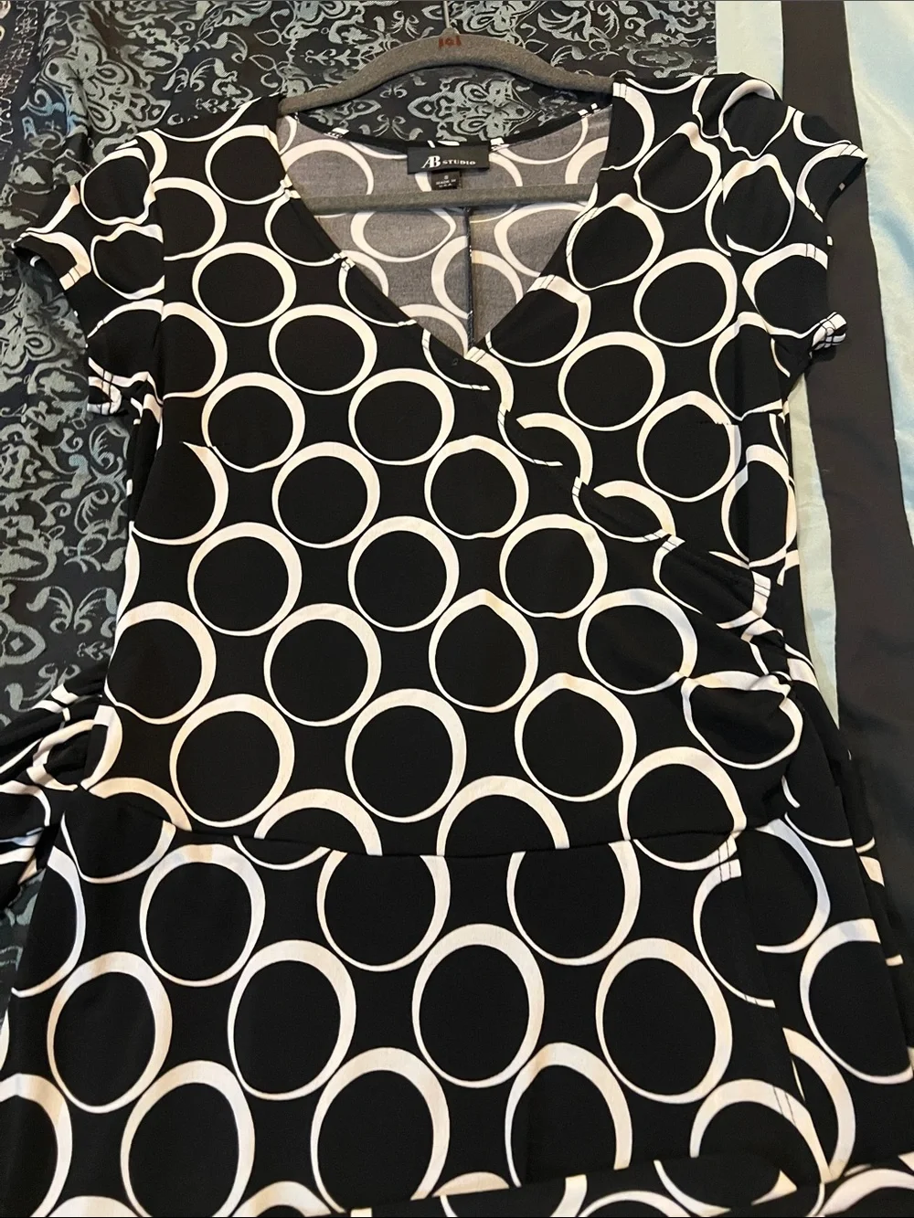 AB Studio Black & White Circle-Print Wrap-Style Midi Dress